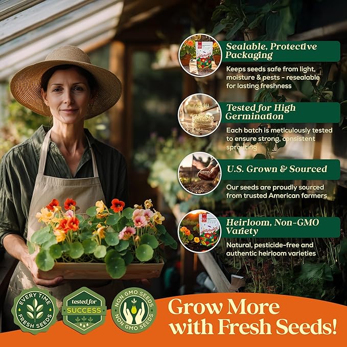Nasturtium Seeds Pack 1 oz Non-GMO Heirloom Nasturtium Seeds for Planting, Perennial Flowers in Waterproof Seed Packet, Wildflower Seeds for Planting Garden Indoor & Outdoor Gardening