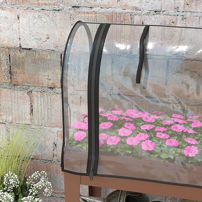 Outsunny Raised Garden Bed with Greenhouse Cover, Large Metal Outdoor Elevated Planter Box with Lockable Wheels, Storage Shelf and Drainage Hole for Vegetables, Flowers, Herbs, Brown