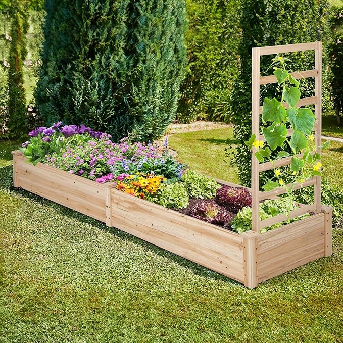 Giantex Raised Garden Bed with Trellis, 93" L x 25" W x 40" H, Wood Planter Box for Vegetables Flowers Herbs Fruits Climbing Plants Cucumber, Easy Assembly, Outdoor Rectangular Floor Gardening Beds