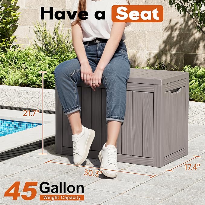 Oudoor Storage Deck Boxes Waterproof, Waterproof and UV Resistant Outdoor Storage Box Lockable Lid for Delivery Box, Indoor, Garden Tools, Pool Supplies, Patio (Grey, 45 Gallon)