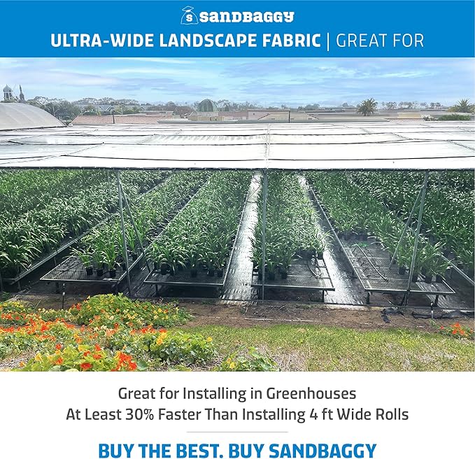 Sandbaggy Extra Wide Landscape Fabric | 40 Year UV Protected Weed Mat, Ground Cover, Garden Tarp | Industrial Grade | 135 Lbs Tensile | DOT Approved (1 Roll - 10 ft x 200 ft)
