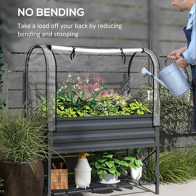 Outsunny Raised Garden Bed with Cover and Storage Shelf, Rectangular Metal Elevated Planter Box with Legs and Bed Liner for Vegetables, Flowers, Herbs, Dark Gray