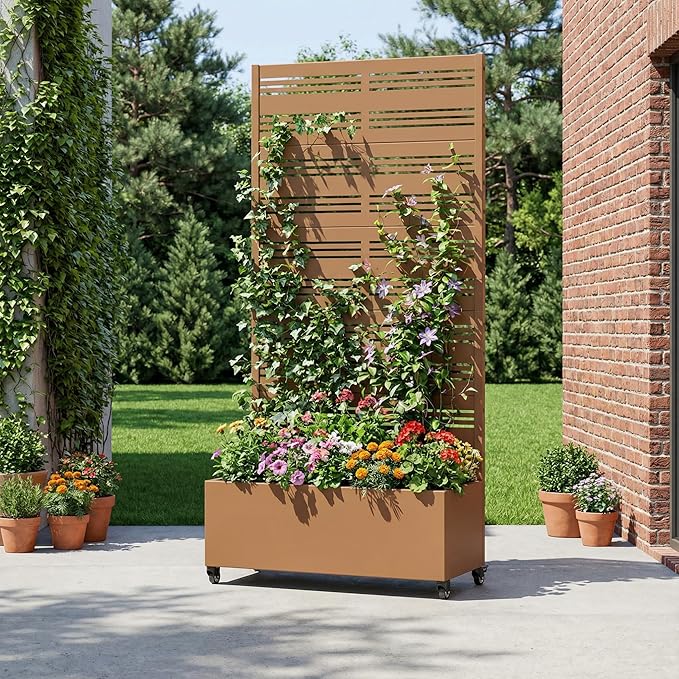 Casaphoria Metal Raised Garden Bed with Trellis and Wheels, 72"x35"x16" Planter Box for Climbing Plants, Vegetables & Vines, Features Drainage Holes and Privacy Screen, Brown-Harold