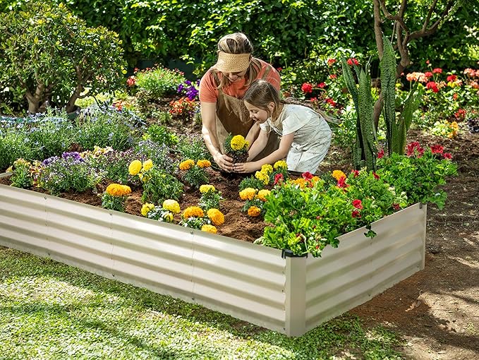 Plant & Plot Galvanized Raised Garden Beds Outdoor // 8×4×1 ft Planter Raised Beds for Gardening, Vegetables, Flowers // Large Metal Garden Box (White) // Patented Tool-Free Design