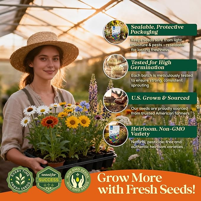 Seedphony 16 Perennial Wildflower Mix 4 oz - 100,000 Non-GMO Heirloom Wildflower Seeds for Planting Garden, Wild Flowers in Waterproof Seed Packet, Floral Seeds for Planting Indoor & Outdoor Gardening