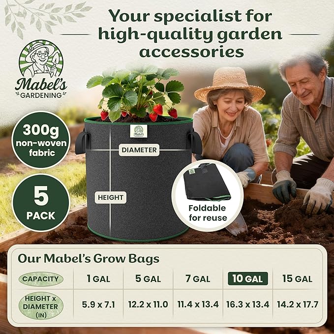 Mabel's Gardening 5-Pack 10 Gallon Grow Bags - Garden Planting Bags 13.4 x 16.3 INCH Made of 8.85 oz/yd² (300g/m²) Felt & Fleece Fabric Plant Pot, Plant Bag, Grow Bag for Carrot Potato Tomato
