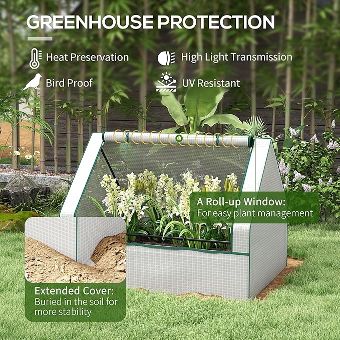 Outsunny 4 x 3 x 1ft Raised Garden Bed with Mini Greenhouse, Galvanized Outdoor Planter Box with Cover, for Herbs and Vegetables, Use for Patio, Garden, Balcony, White Cover and Silver Planter