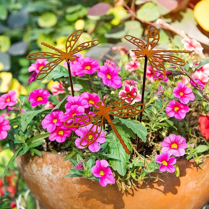 3 Pcs Rusty Dragonfly Stake Vintage Metal Garden Decor Sculpture - Plant Pot Accents for Lawn, Patio, Backyard Outdoor | Dragonfly Gift for Women