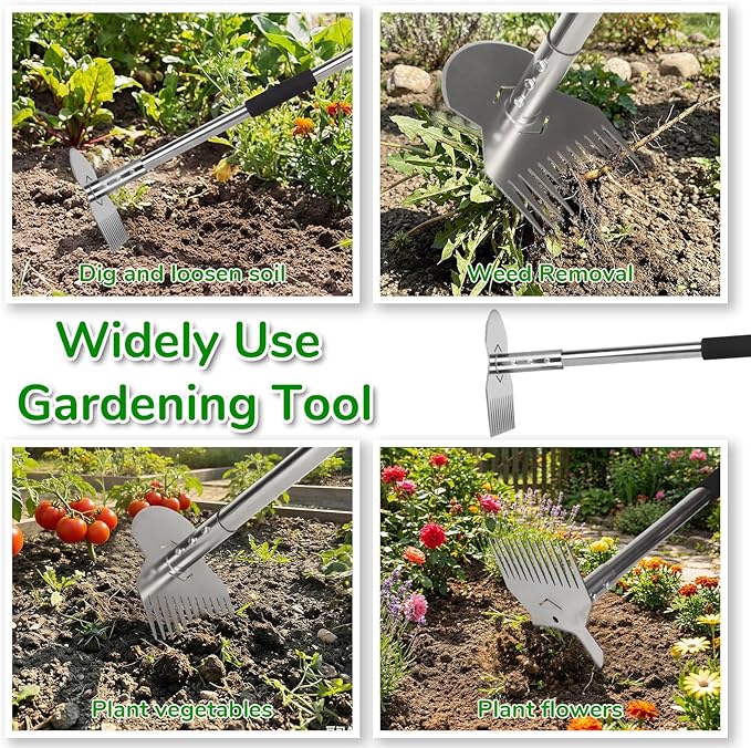 Garden Weed Tool,Portable Gardening Weeder Tool,63" Weeding Tools Gardening Long Handle,Easy Weeding Without Bending or Squatting Down,Suitable for Farm Planting,Gardening(Silver 12 Claws)