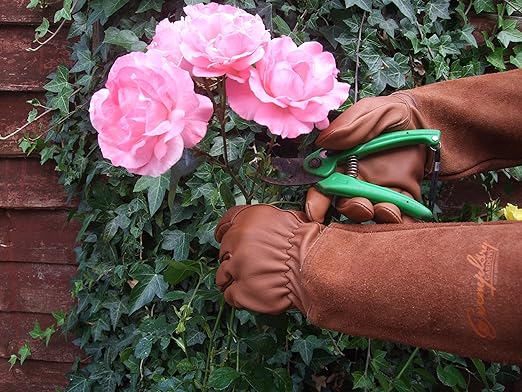 Rose Pruning Gloves for Men and Women - Thorn Proof Goatskin Leather Gardening Gloves with Gauntlet (Large, Brown)