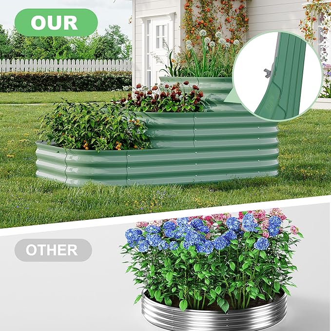 Galvanized Raised Garden Bed Kit – 61x42x31 in Oval Outdoor Planter Box for Vegetables, Herbs & Flowers, Modular 3 in-1 Design, Open Base, Ground-Connected Raised Beds for Gardening, Green