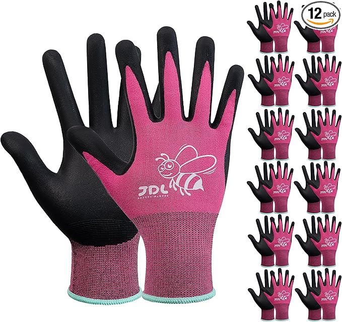 JDL 12 Pairs Nylon Nitrile Coated Gardening Gloves for Women, Touchscreen Yard Garden Gloves, Breathable Safety Work Gloves with Grip, Pink, Medium