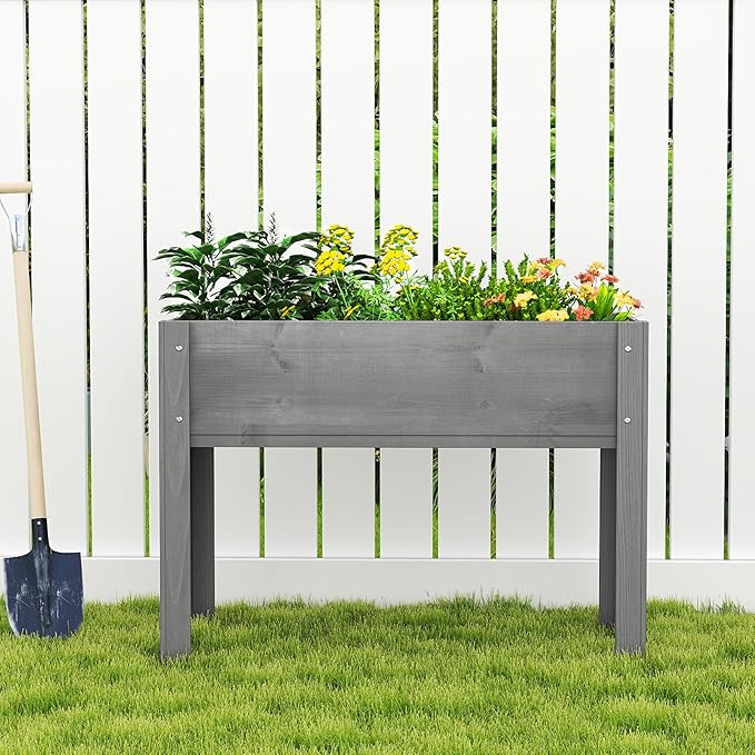 Raised Garden Bed with Legs, 40x20x31, Outdoor Wood Elevated Planter Box, Grey Cedar, Thick Legs, w/Liner