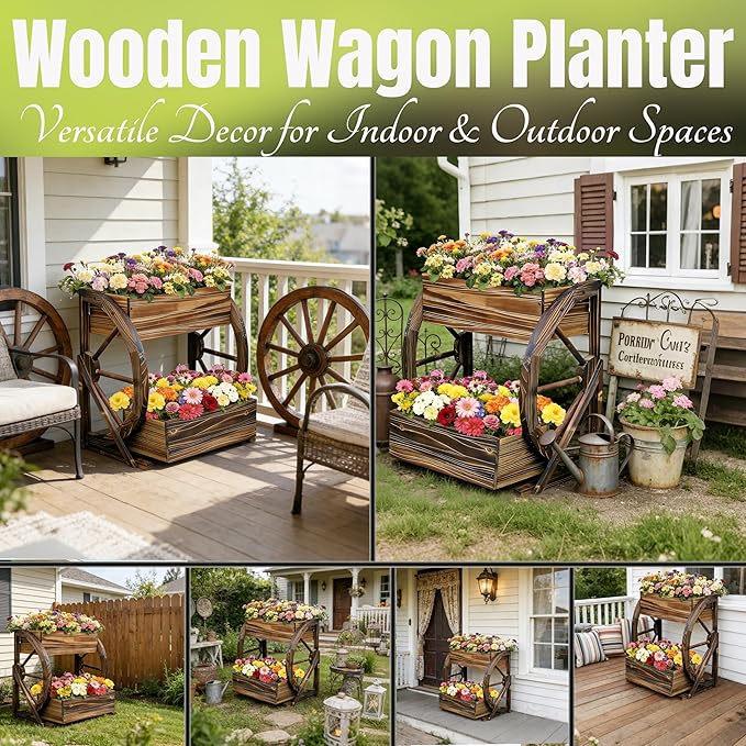 Wooden Wagon Garden Planter Box with Wheels-Indoor/Outdoor Decor for Patio, Backyard, Balcony-Country Farmhouse Flower Box-2 Tier Rustic Garden Raised Bed for Flowers, Herbs, Vegetables