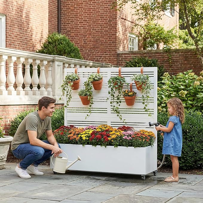 Casaphoria Metal Raised Garden Bed with Trellis and Wheels, 47"x47"x16" Planter Box for Climbing Plants, Vegetables & Vines, Features Drainage Holes and Privacy Screen, White-Harold