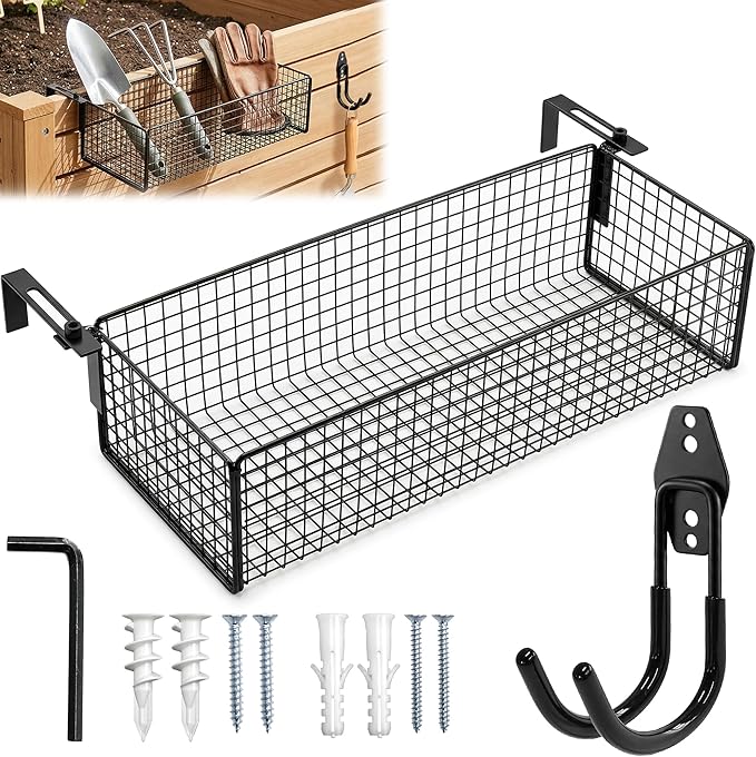 Metal Raised Garden Bed Hanging Storage Basket Includes Hooks, 15.6 x 5.8 x 3.8in Flower Bed Clip-On Hanging Organizer Basket for Raised Garden Beds Kit for Gardening Tools & Supplies