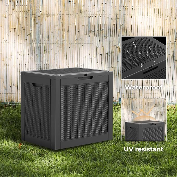 Vixzen 31 Gallon Resin Deck Box - Lockable Outdoor Storage for Patio Cushions, Garden Tools, Pool Supplies（Black，31 Gallon）
