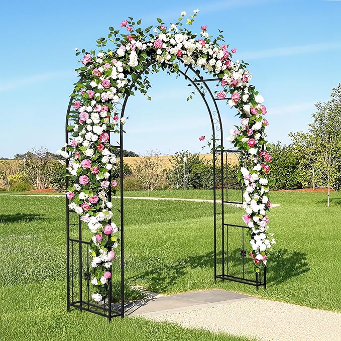 VINGLI Garden Arbor, Arch Archway for Wedding Ceremony Party, Steel Garden Trellis for Plant Climbing, Christmas Garden Decorations Pergola for Garden, Backyard, Lawn (Black, 7.9FT)