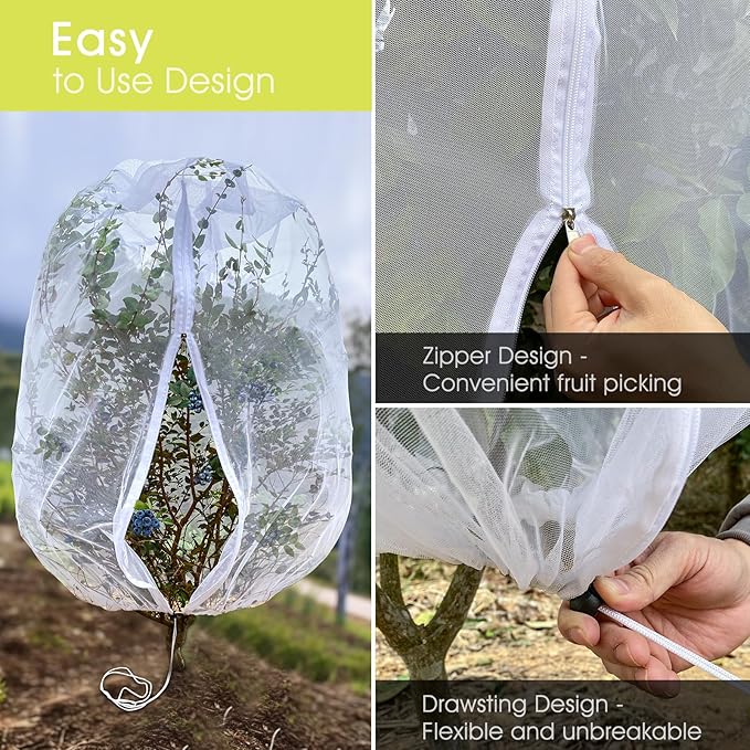 Fruit Tree Netting, RIFNY 5.84 x 3.9 FT Blueberry Bush Netting Cover with Zipper Drawstring, Outdoor Mosquito Net Garden Netting Cover Protector Plant from Birds Cicadas Animals Insect (4 PCS, White)
