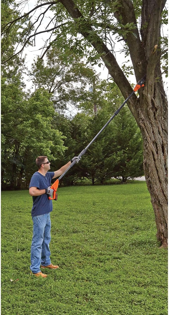 BLACK+DECKER 20V MAX Cordless Pole Saw Kit with Battery and Charger Included, 14-Inch Battery Pole Saw, Includes Oil Bottle, Wrench and Blade Guard (LPP120)