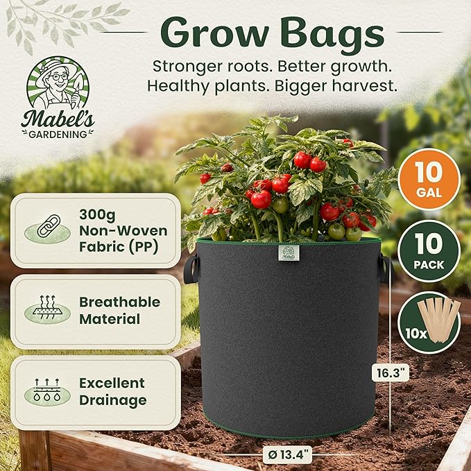 Mabel's Gardening 10-Pack 10 Gallon Grow Bags - Garden Planting Bags 13.4 x 16.3 INCH Made of 8.85 oz/yd² (300g/m²) Felt & Fleece Fabric Plant Pot, Plant Bag, Grow Bag for Carrot Potato Tomato