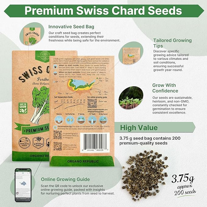 Organo Republic Swiss Chard Fordhook Seeds Pack 3.75 g - Over 200 Non-GMO Heirloom Swiss Chard Seeds for Planting Greens in Individual Seed Packet, Greens Seeds for Planting Indoor & Outdoor Garden