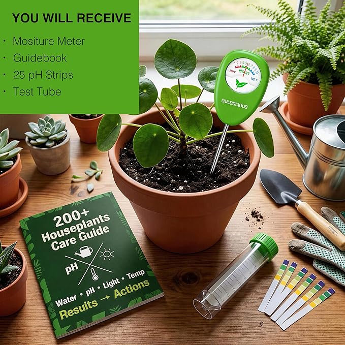 Soil Moisture Meter for Plants – Includes 200+ Houseplants Guide (Letter Size), 25 pH Test Strips & Sample Tube. Water Gauge for Indoor & Outdoor Plants.