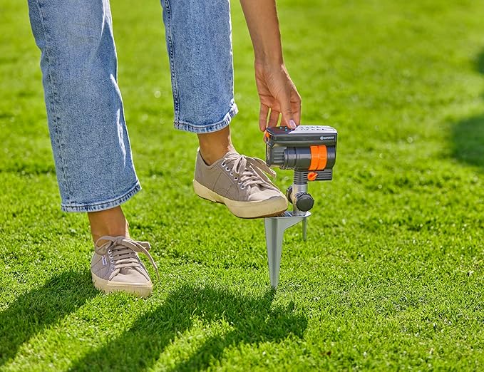 GARDENA 20575 | Up to 2300 sq ft - ZoomMaxx Adjustable Oscillating Sprinkler on Metal Step Spike for Watering Large Area Lawn with US Hose Threads, Yard and Garden. Gardena Quick Connects