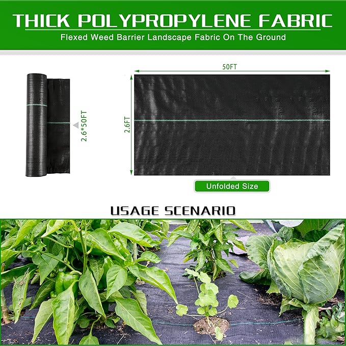 Weed Barrier Landscape Fabric Heavy Duty, 2.6FT x 50FT Thicken Garden Fabric Weed Mats, Weed Control Garden Cloth, Woven Geotextile Fabric for Garden Beds, Underlayment, Commercial Driveway