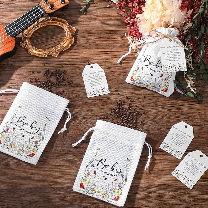 Fumete 25 Sets Wildflower Baby Shower Seed Packets Party Favors for Guests Baby in Bloom Favors Decorations Burlap Bags with Drawstring Thank You Cards and Twine, No Seeds (Bloom)