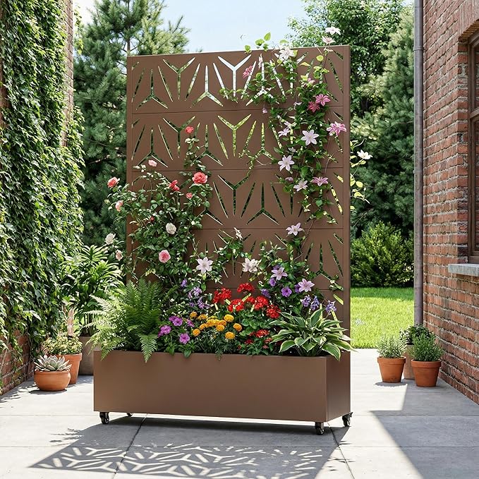 Casaphoria Metal Raised Garden Bed with Trellis and Wheels, 72"x47"x16" Arched Planter Box for Climbing Plants, Vegetables & Vines, Features Drainage Holes and Privacy Screen, Brown-Star