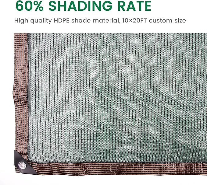 60% 10 X 20 FT Green Shade Cloth, Outdoor Woven Sun Shade with Grommets, Durable Breathable Netting Shading Antifreezing for Patio, Garden, DIY Home, Plants Cover, Greenhouse, Dog Kennel