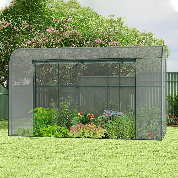 SUNYRISY Garden Plant Netting Crop Cage for Garden Raised Bed, 9.8 x 3.3 x 6 Ft Plant Cover Cage Protectors from Animal for Outdoor Plants with Frame and Zippered Door