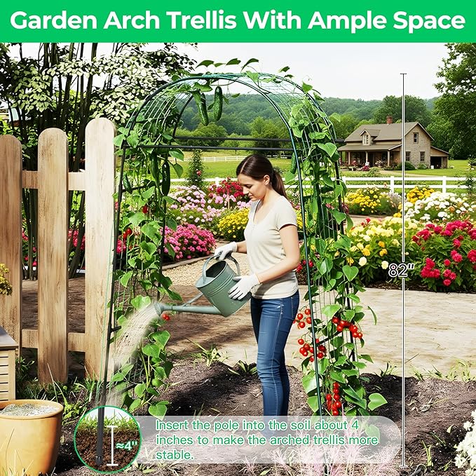 Garden Arch Trellis for Climbing Plants, 82 Inch Tall Grape Trellies for Outdoor,Flower Vegetable Tomato Cucumber Trellis with Clamp Netting, Metal Vine Plants Support for Wedding Garden Decoration
