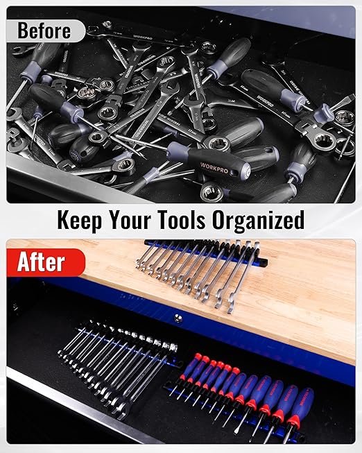 WORKPRO 2-Pack Magnetic Screwdriver Organizer and Wrench Organizer Set, Aluminum Rail Magnetic Tool Organizers, Tool Holder, Tool Box Organizers, 24-Slot Screwdriver & Wrench Holder (Tools Excluded)