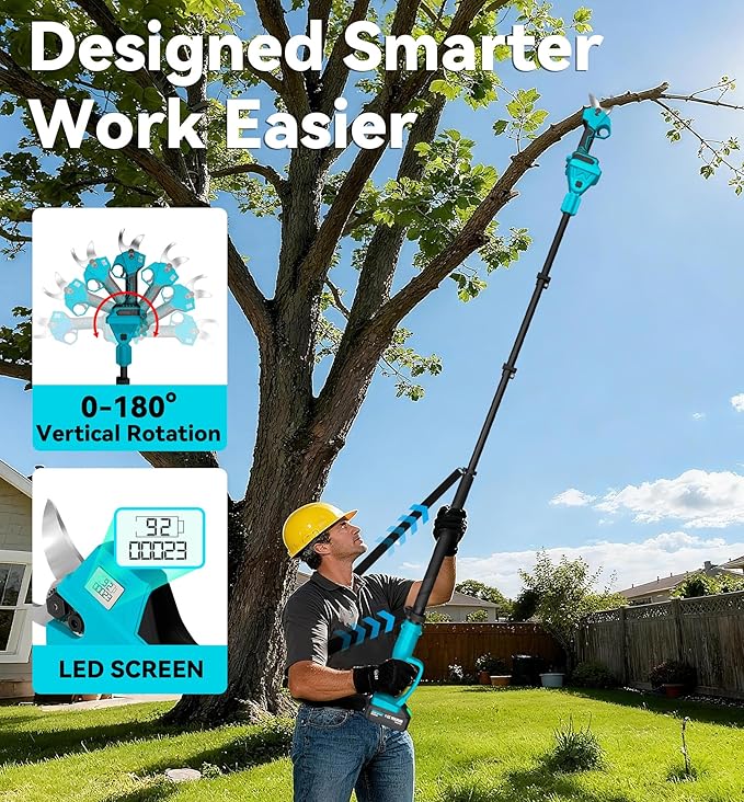 2-in-1 Pole Pruning Shears, 1.6" Cutting Diameter Cordless Electric Pole Pruners - Brushless Motor, 2x4.0Ah Batteries, Extra SK5 Blade, 4 Modes Adjustable Branch Cutter for Garden & Flower (Blue)