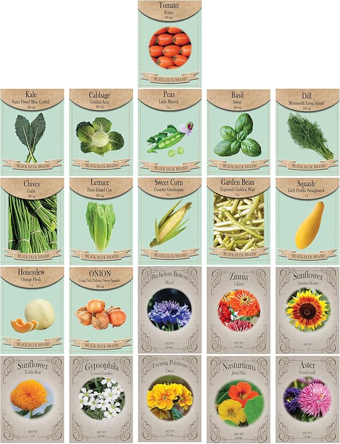 Flower & Vegetable Seed Set - 21 Varieties of Non-GMO Heirloom Premium Seeds for Planting - Cabbage, Roma Tomato, Peas, Sunflowers, and More