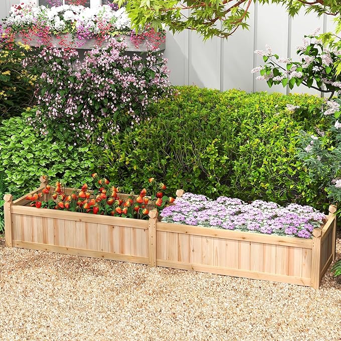 Giantex Wood Raised Garden Bed, Planting Bed with Corner Drainage, Non-Woven Liner for Growing Vegetables, Flowers, Herbs, Fruits, 89”x23.5”x16” Divisible Planter Box for Backyard, Garden, Lawn