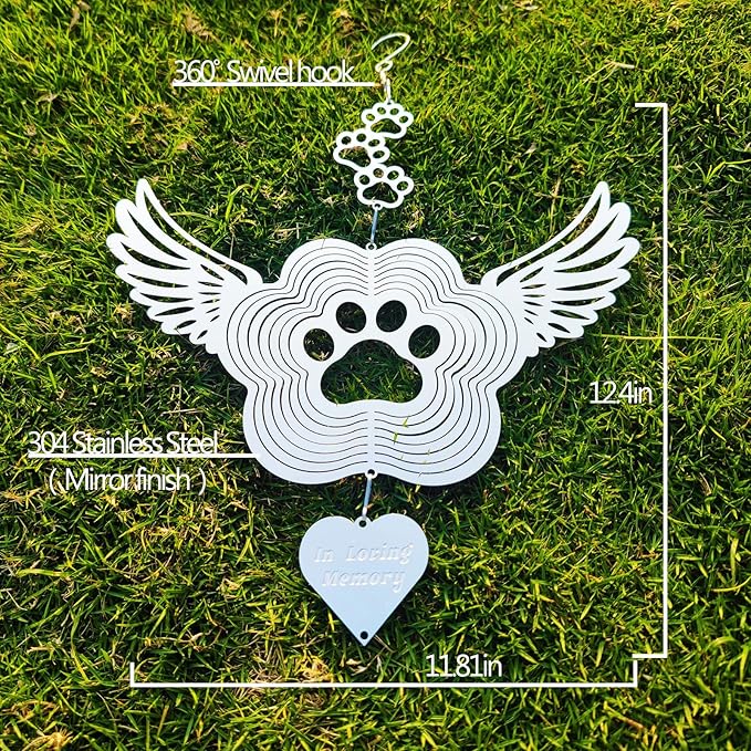 Pet Memorial Wind Spinners, Dog Memorial Gifts,Stainless Steel Angel Wings Pet Paw Print,Dogs and Cats Remembrance, Pet Sympathy,Pet Loss Bereavement Gifts