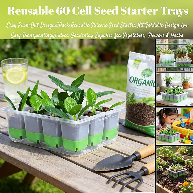 Reusable 60Cell Seed Starter Trays with Easy Push-Out Design, 5Pack Reusable Silicone Seed Starter Kit,Foldable Design for Easy Transplanting,Indoor Gardening Supplies for Vegetables, Flowers & Herbs