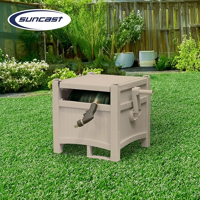 Suncast 100 Foot Capacity Hideaway Garden Hose Reel for 1.9 inches Hose Outdoor Storage with Stay Up Lid and Crank Handle, Taupe 2 Pack