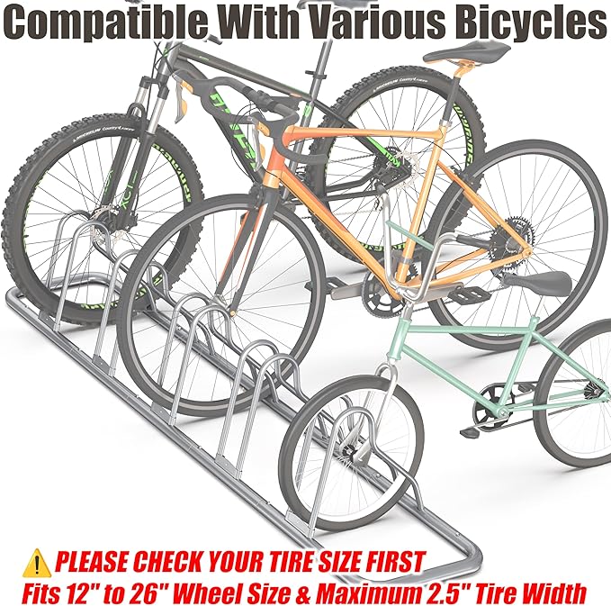 Simple Houseware 5-Bike Floor Storage Rack - Adjustable Bicycle Parking Stand & Garage Organizer for Road and Kids Bikes, Silver