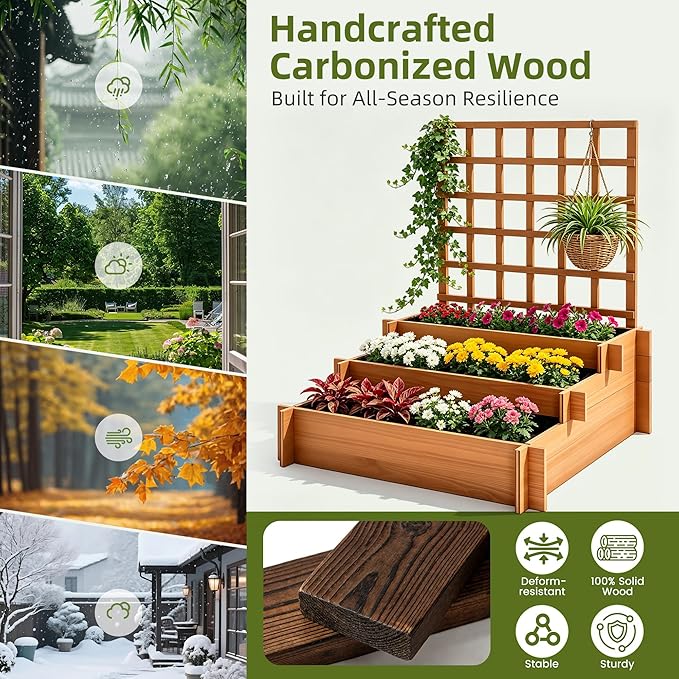 3-Tier Raised Garden Bed with Trellis, 43.3" H Fir Wood Planter Box with Non-Woven Liner, Vertical Climbing Plant Support for Patio Yard, Outdoor Grow Beds for Flowers Herbs Vegetables Fruits