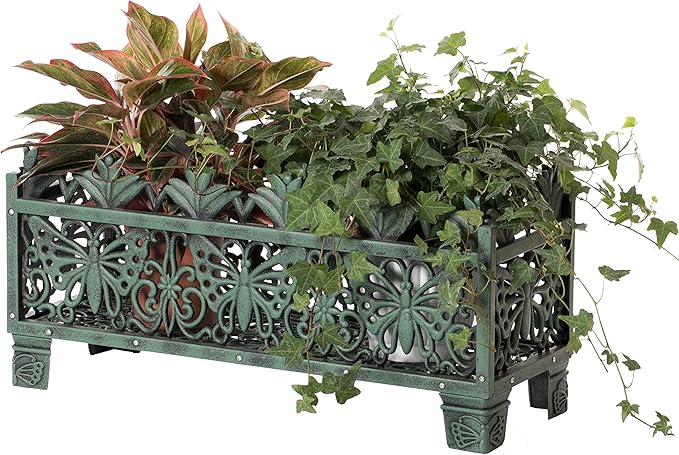 Outdoor Living Butterfly Rectangle Plant Stand, Flower Planting Pot, Antique Green
