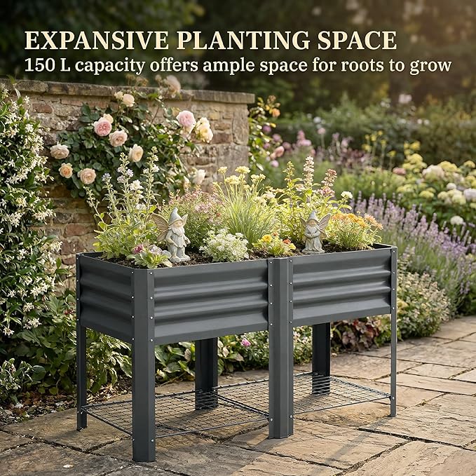 Outsunny Galvanized Steel Raised Garden Bed with Storage Shelf and Bed Liner, Elevated Planter Box with Legs for Flowers, Vegetables, and Herbs, for Outdoor Patio Yard, Glove Included, Dark Gray