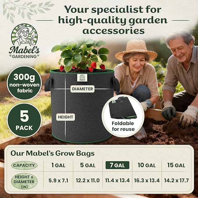 Mabel's Gardening 5-Pack 7 Gallon Grow Bags - Garden Planting Bags 13.4 x 11.4 INCH Made of 8.85 oz/yd² (300g/m²) Felt & Fleece Fabric Plant Pot, Plant Bag, Grow Bag for Cucumber Tomato Zucchini