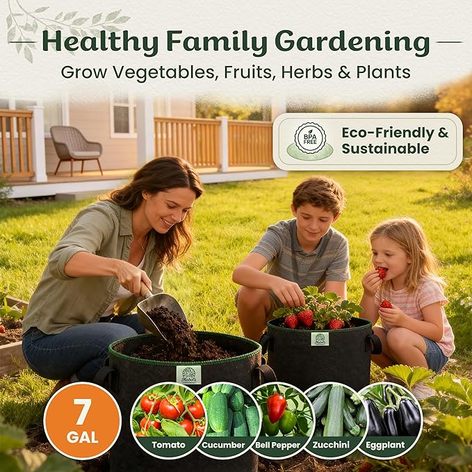 Mabel's Gardening 5-Pack 7 Gallon Grow Bags - Garden Planting Bags 13.4 x 11.4 INCH Made of 8.85 oz/yd² (300g/m²) Felt & Fleece Fabric Plant Pot, Plant Bag, Grow Bag for Cucumber Tomato Zucchini