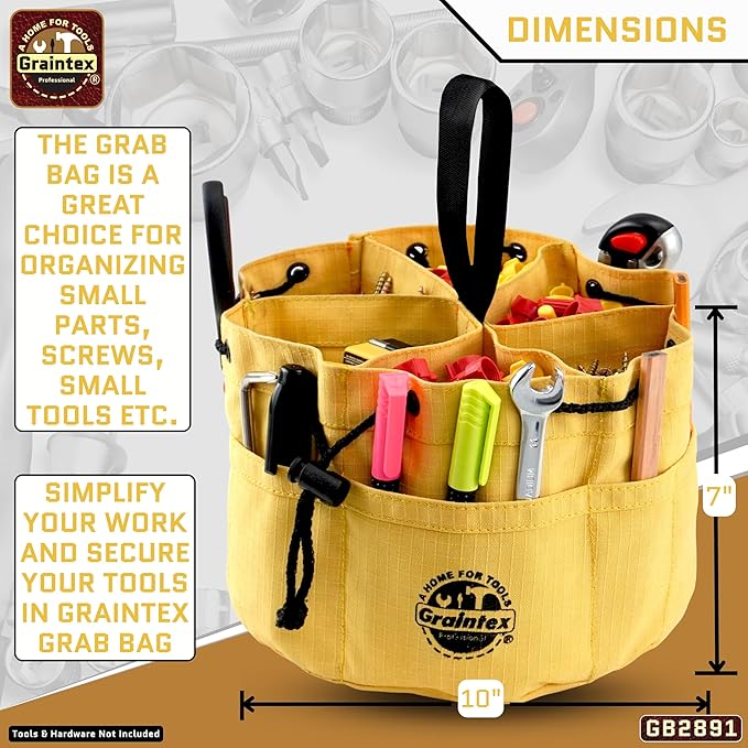 Graintex 18 Pockets Grab Bag Rip-stop Canvas Drawstring Closure, Small Part Organizer Pouch, Small Tools, Screws, Parts, Parachute Tool Bag for Efficient Storage - Yellow