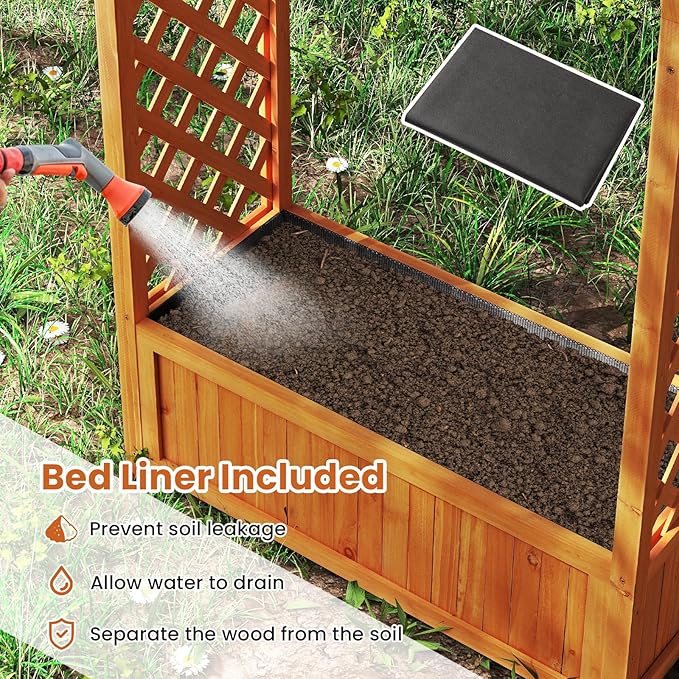 HAPPYGRILL Raised Garden Bed with Trellis, Wooden Elevated Planter Box w/Ached Roof & Detachable Bottom Panels, Liner, Drainage, Indoor Outdoor Wood Planter for Climbing Plants Vine Flower (1)