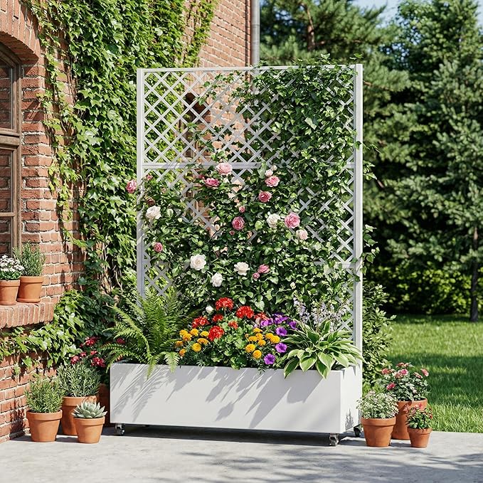 Casaphoria Metal Raised Garden Bed with Trellis and Wheels, 72"x47"x16" Arched Planter Box for Climbing Plants, Vegetables & Vines, Features Drainage Holes and Privacy Screen, White-Rhombus